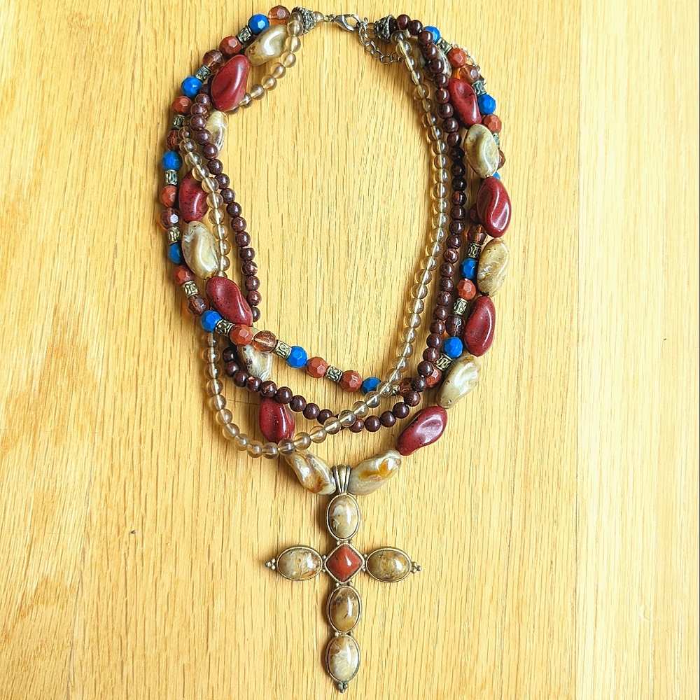 Layered Beaded Necklace with Cross Pendant.